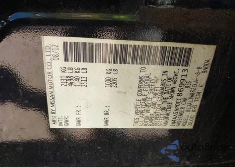 2012 Nissan Maxima 3.5 Sv from USA, damaged, VIN 1N4AA5AP0CC869913